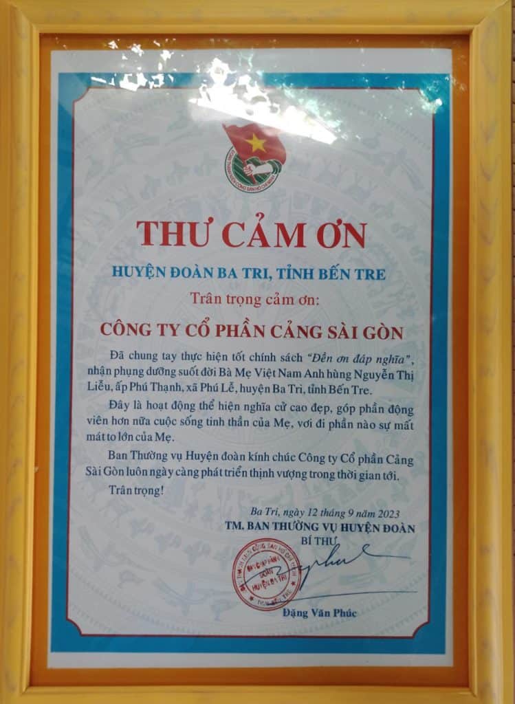 Thư cảm ơn của Ban Chấp hành Huyện đoàn Ba Tri, tỉnh Bến Tre
