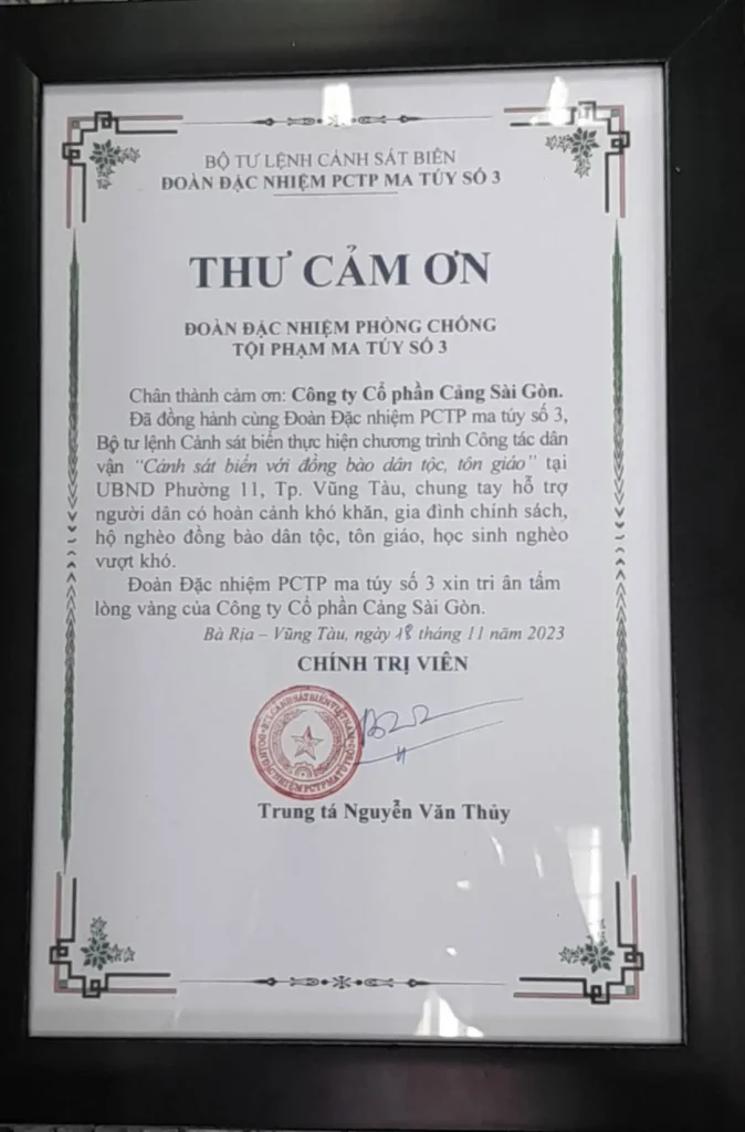 Thư cảm ơn của Đoàn Đặc nhiệm phòng chống tội phạm ma túy số 3 gửi Cảng Sài Gòn