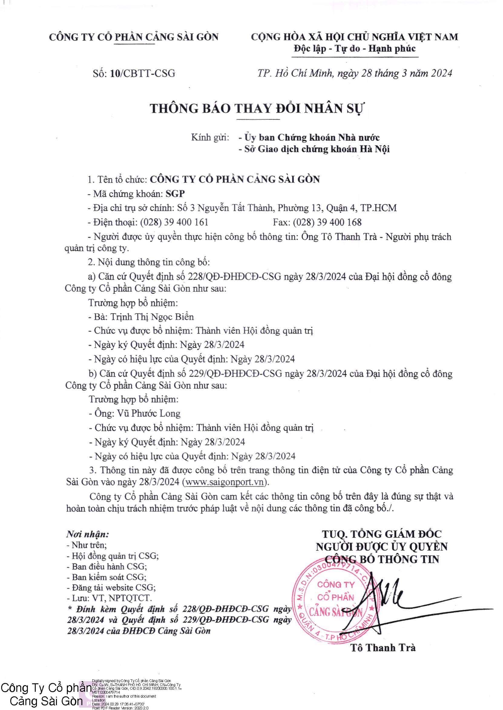 Thông báo số 10/CBTT-CSG về việc thay đổi nhân sự Công ty Cổ phần Cảng Sài Gòn 2024