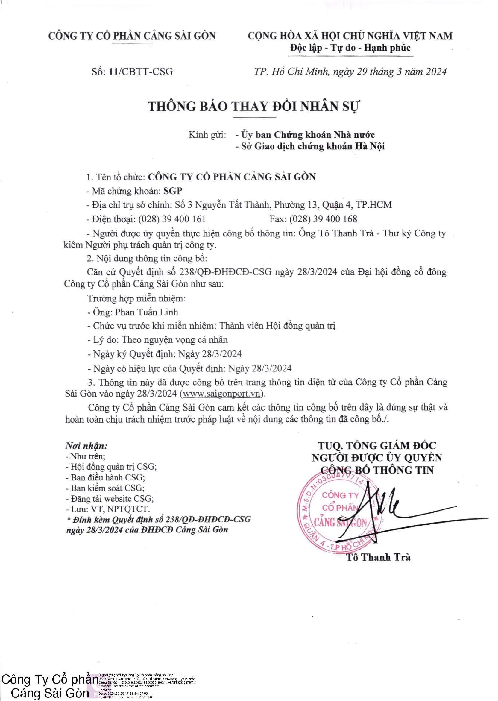 Thông báo số 11/CBTT-CSG về việc thay đổi nhân sự Công ty Cổ phần Cảng Sài Gòn 2024