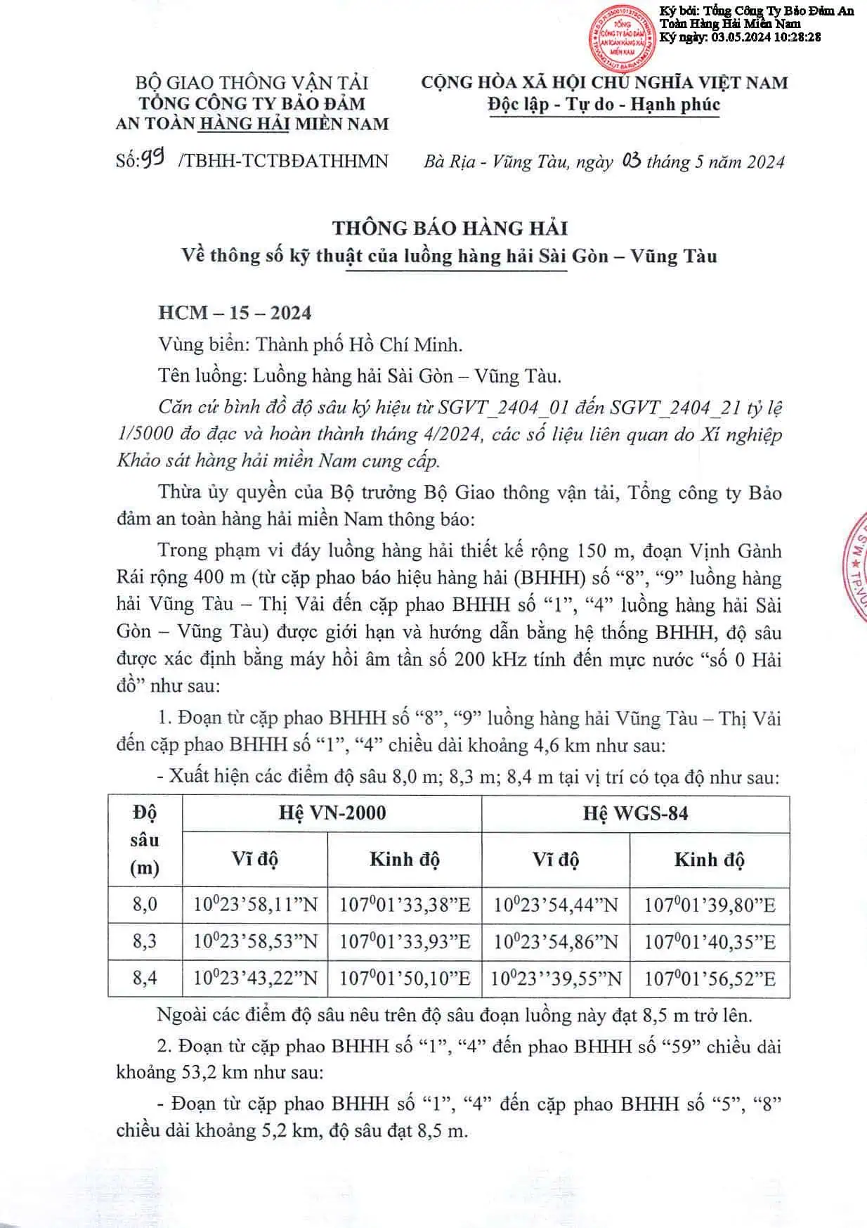 Thông báo hàng hải về thông số kỹ thuật của luồng hải hải Sài Gòn - Vũng Tàu 3.5.2024