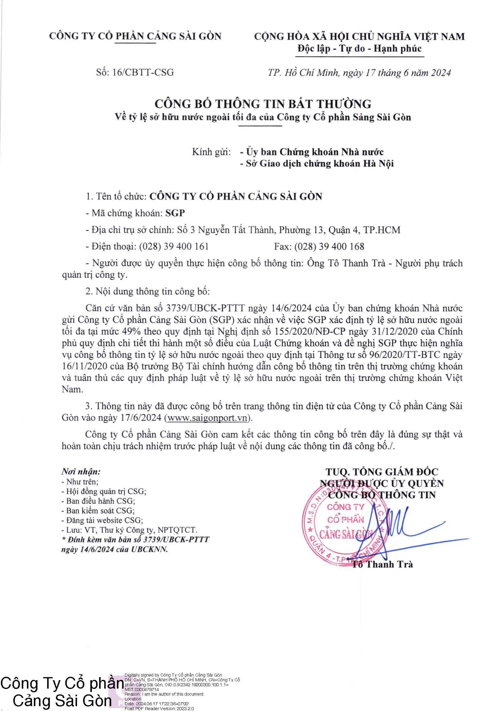 Công bố thông tin về việc sở hữu nước ngoài tối đa của Công ty Cổ phần Cảng Sài Gòn