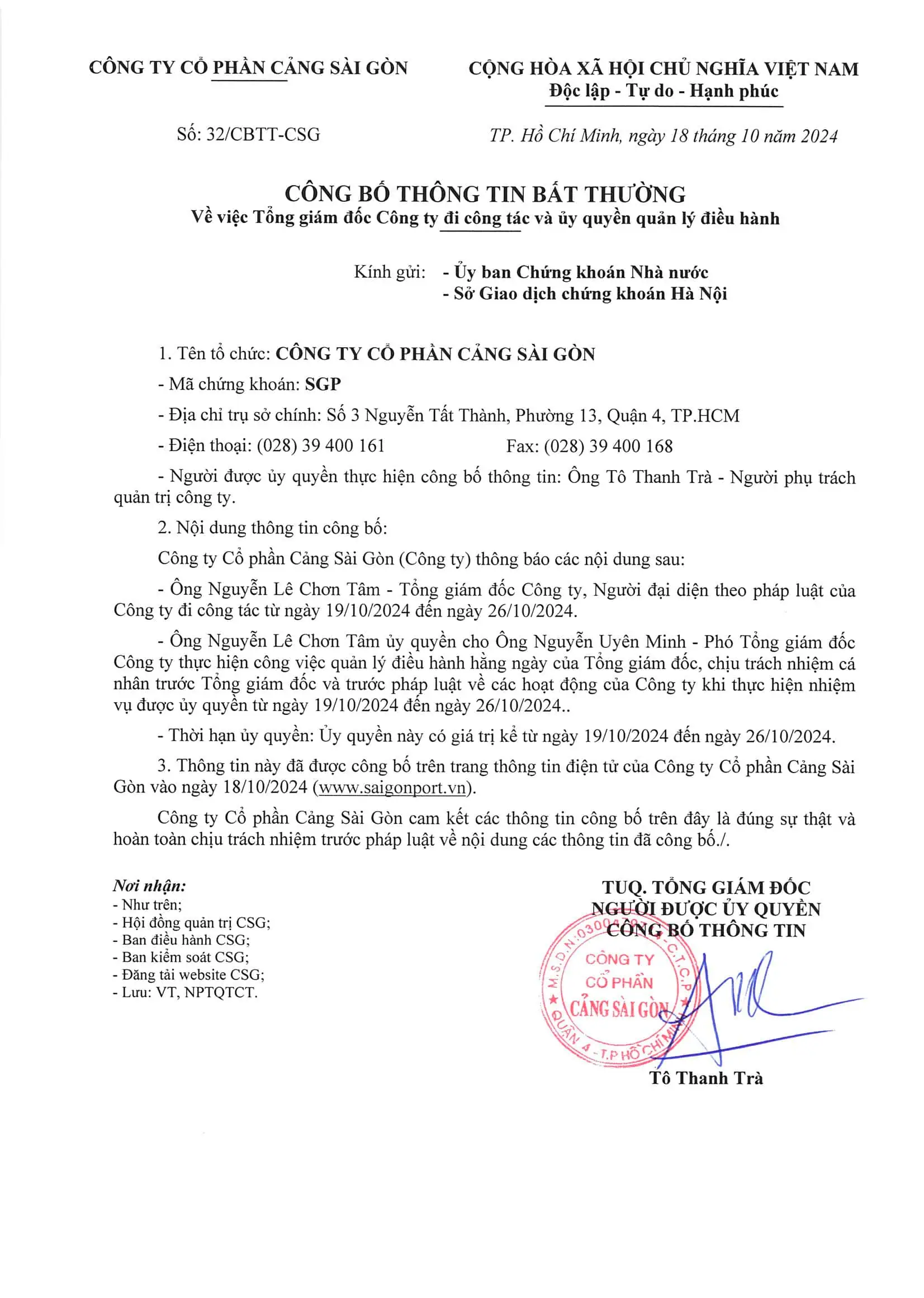 Công bố thông tin về việc Tổng giám đốc Công ty đi công tác và uỷ quyền quản lý điều hành