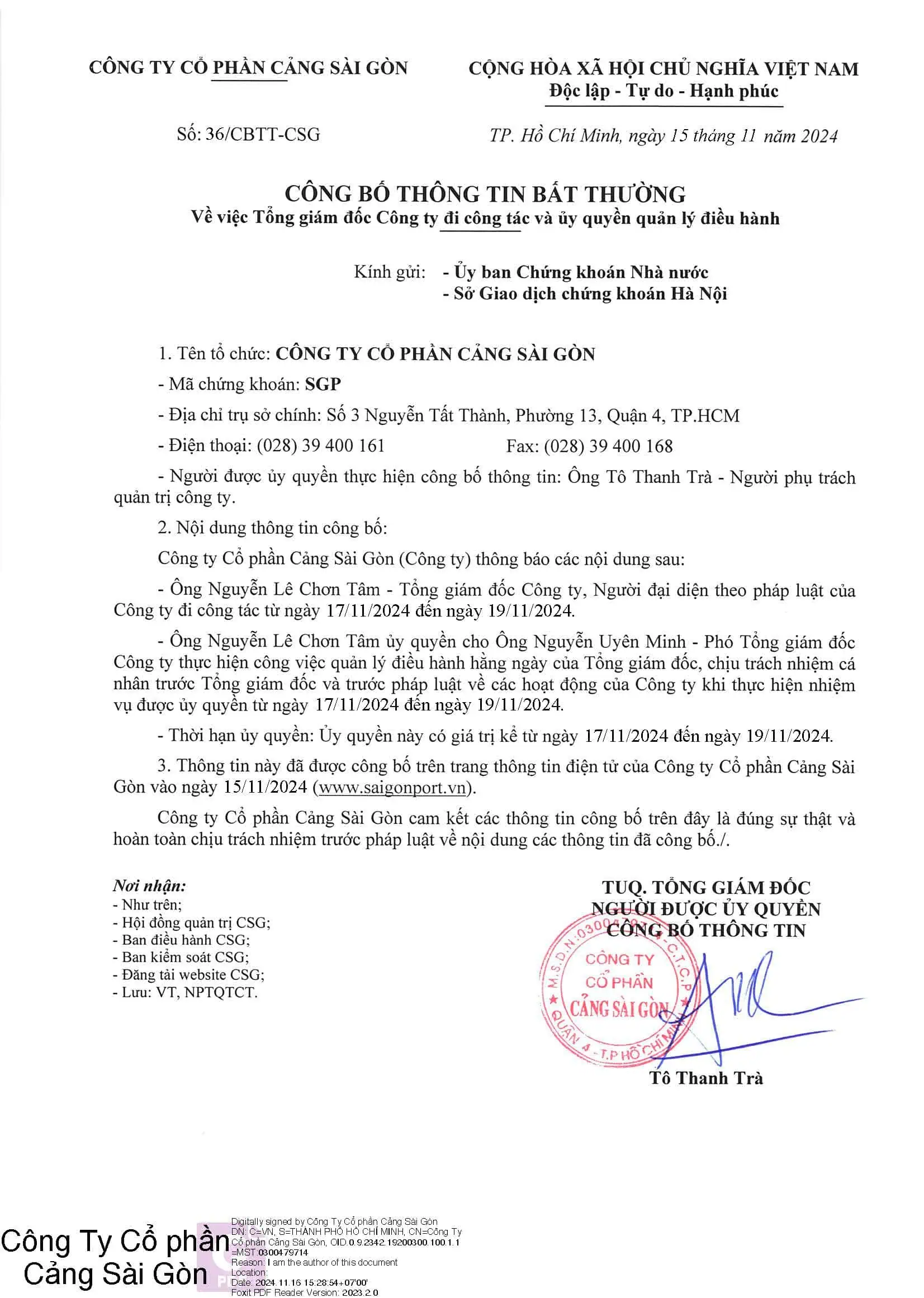 Công bố thông tin về việc Tổng giám đốc Công ty đi công tác và uỷ quyền quản lý điều hành