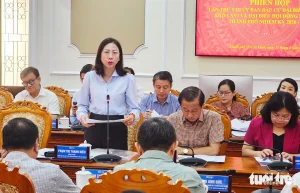 Bà Phạm Thị Thanh Hiền, Thành ủy viên, Giám đốc Sở Nội vụ, Ủy viên kiêm Thư ký Ủy ban bầu cử TP.HCM, báo cáo cho biết công tác bầu cử sẽ được áp dụng phần mềm và cập nhật dữ liệu trực tuyến - Ảnh: BÁ SƠN