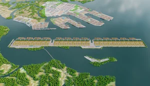 Siêu cảng quốc tế Cần Giờ với quy mô cực lớn sắp hình thành giữa vùng cửa sông, nơi sẽ đón những con tàu container khổng lồ ghé cảng để đưa kinh tế biển vùng đất bãi bồi bứt phá đi lên - Phối cảnh: Sở Xây dựng TP.HCM