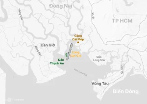 Vị trí cảng quốc tế Cần Giờ. Đồ họa: Hoàng Thanh