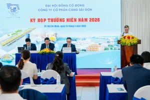 Ông Vũ Phước Long - Thành viên Hội đồng quản trị - trình báo cáo của Hội đồng quản trị Công ty cổ phần Cảng Sài Gòn tại Đại hội đồng cổ đông thường niên năm 2026.