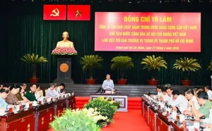 Tổng Bí thư, Chủ tịch nước Tô Lâm làm việc với Ban Thường vụ Thành ủy TPHCM - Ảnh: Việt Dũng