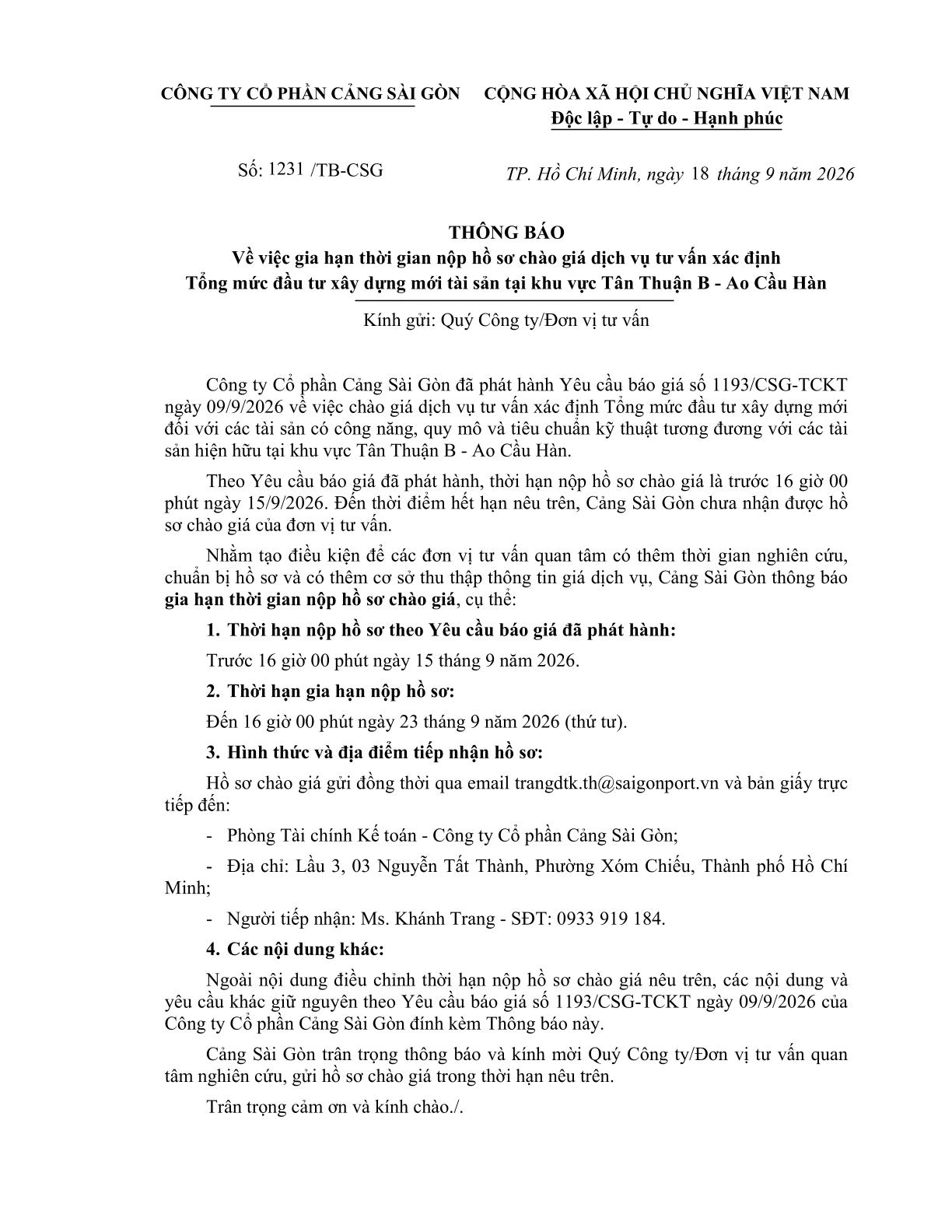 1231.TBCSG 2026.08.19 TB gia han chao gia goi tu van tai khu vuc Ao Cau Han 1